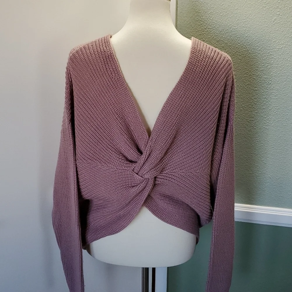 "Love Tree" Long-Sleeve Waffle Knit Sweater, with V-neck Front & Twisted Back - Picture 2 of 14